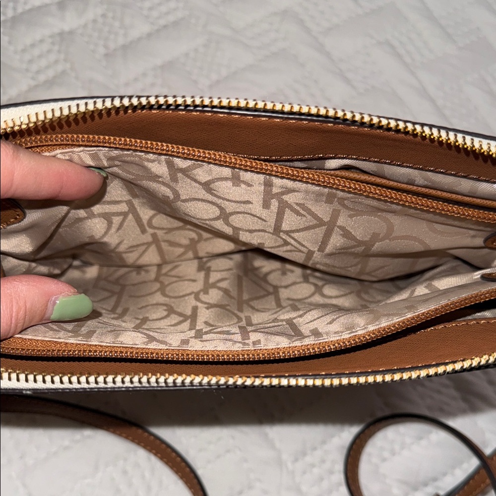 Calvin Klein Cream Monogram Chain Crossbody with Brown Strap - Picture 7 of 8